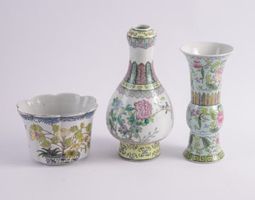 Two Chinese Floral Decorated Vases with Chinese Planter