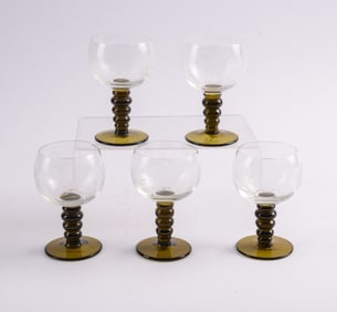 Five Etched Glass Cordial Glasses.