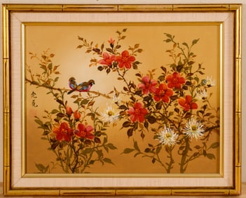 Japanese Watercolor With Birds.