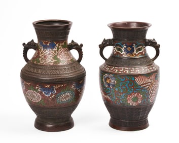 Two Large Japanese Bronze Champleve Handled Vases.
