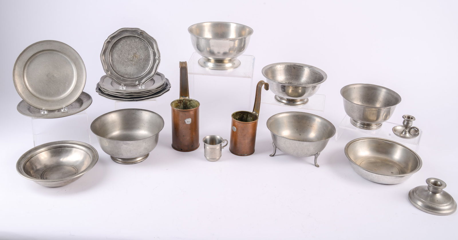 Collection of Pewter and Two Copper Dippers.: Mostly 20th century, with a few earlier pieces.