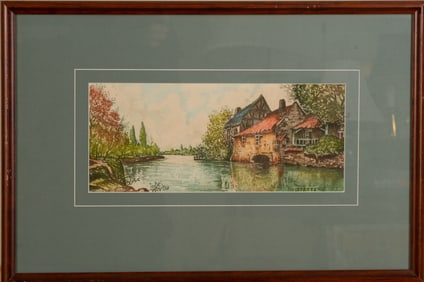 Watercolor Painting of a Riverside Home.
