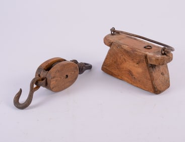 Carved Wooden Box and a Pulley.