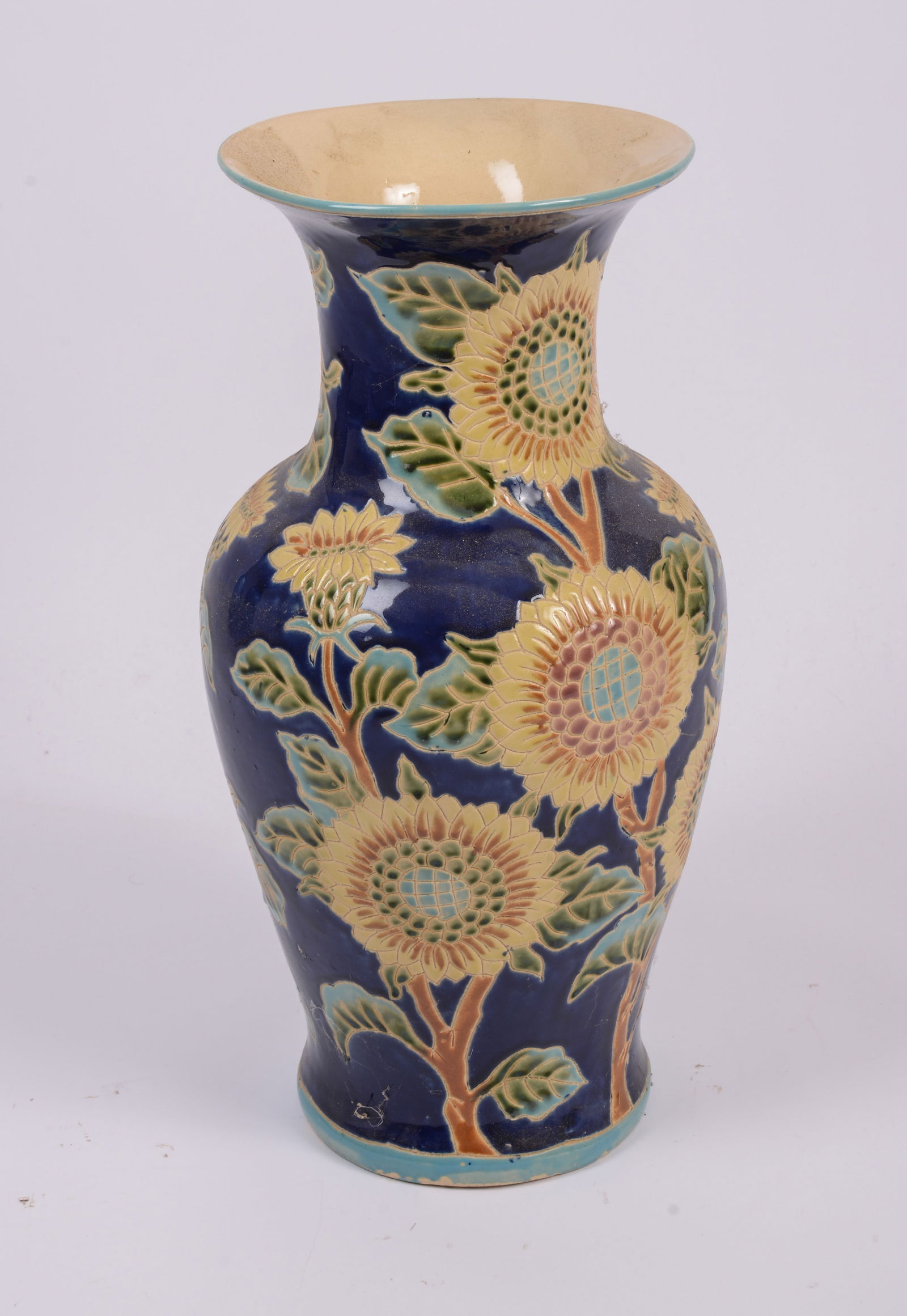 Porcelain Floor Vase With Sunflowers.: Height 20.5 inches. Repaired break to rim.