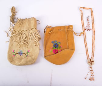 Two Native American Beaded Pouches and a Necklace.