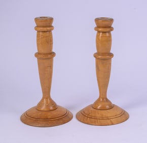 PAIR TIGER MAPLE TURNED CANDLESTICKS
