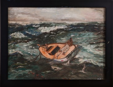 Folk Art Painting of a Man in a Dinghy.