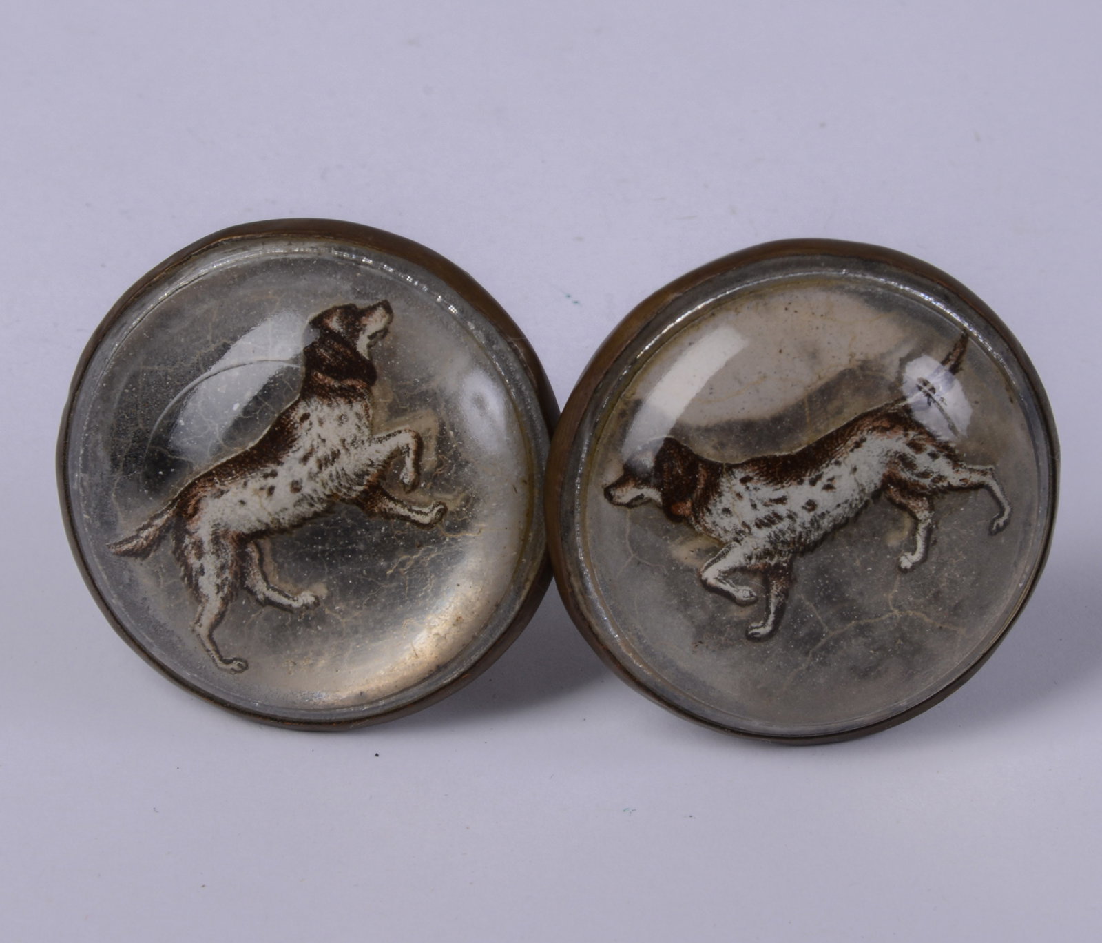 Pair of Bridle Rosettes With Dogs.: Diameter 1.75 inches.