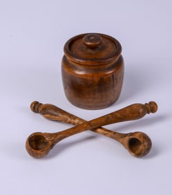 Treenware Covered Jar and Two Spoons.