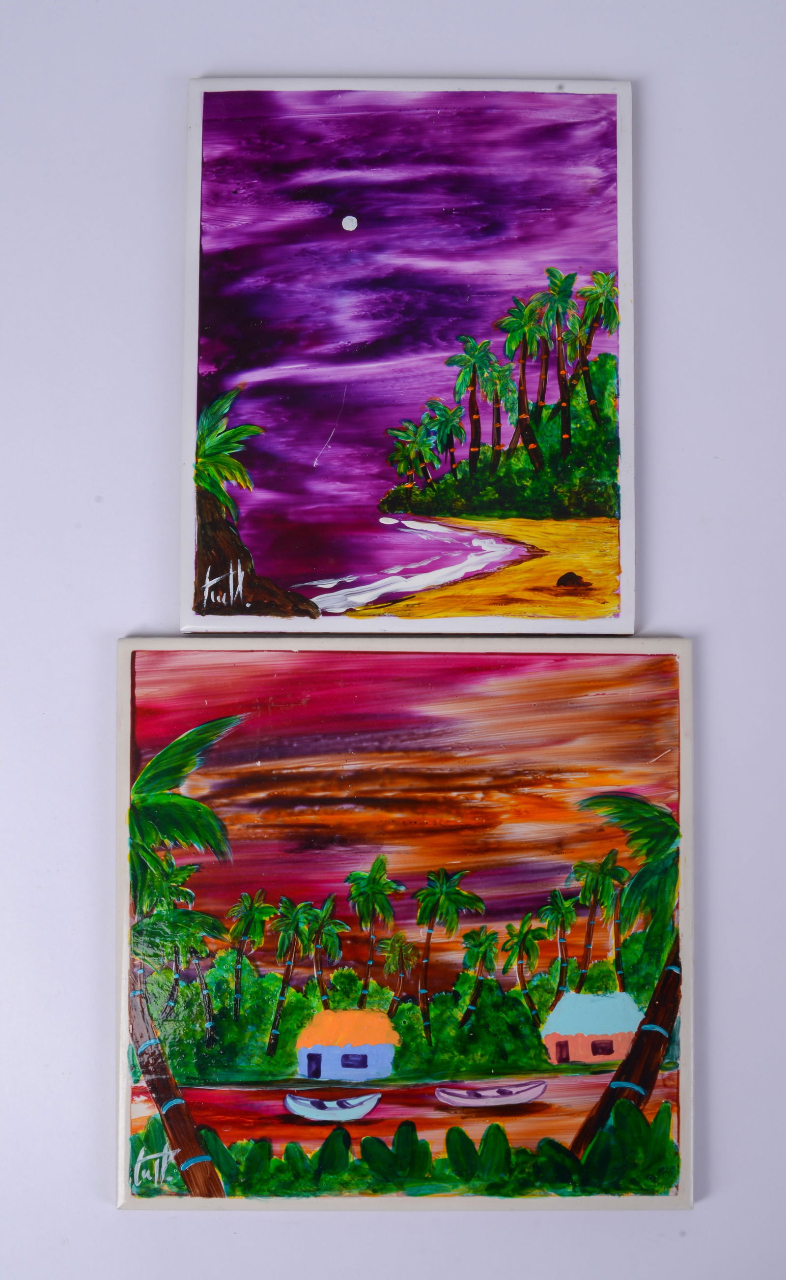 Two Guatemalan Hand Painted Tiles.: 8 x 8 and 8 x 6 inches, good condition.