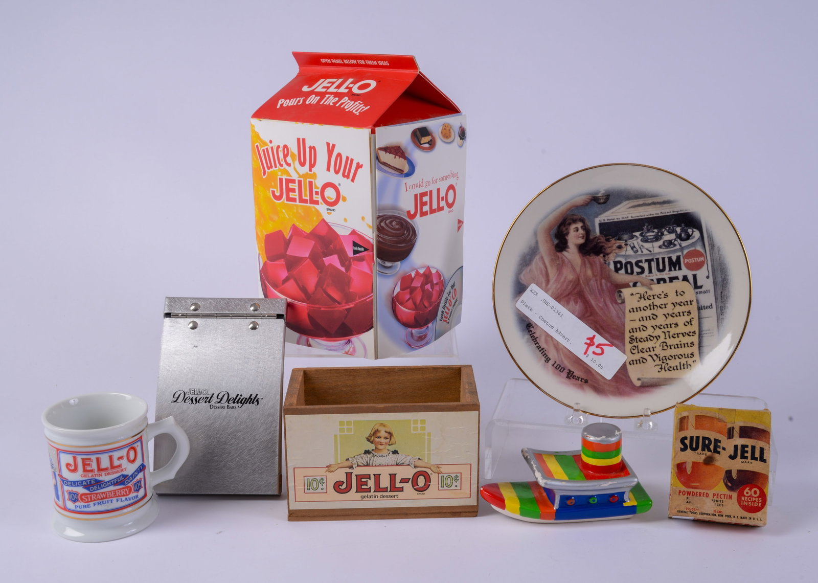 Group of Jello Memorabilia: Including Jello-O Box with Jello CD, mug, notepad, recipe box, etc. Height of box 9.5 inches.