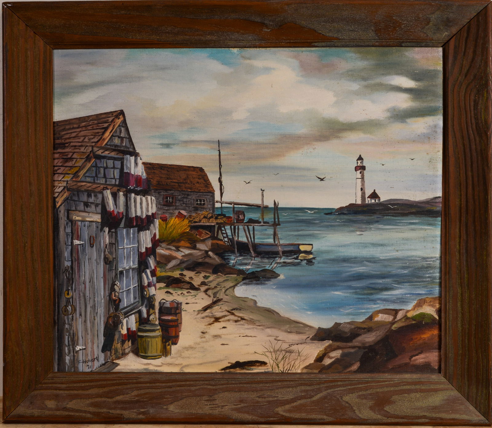 F. Hobart. Wharf Scene.: Oil on board, framed, 25 x 29 inches.