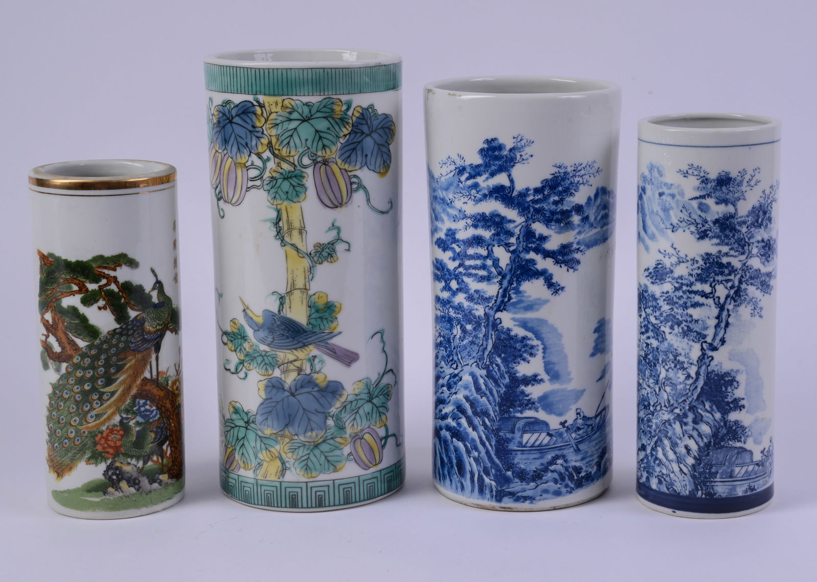 Four Asian Cylinder Vases.: Heights 8.5 to 10.5 inches. Good condition.