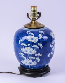 Chinese Blue and White Table Lamp With Prunus Design.