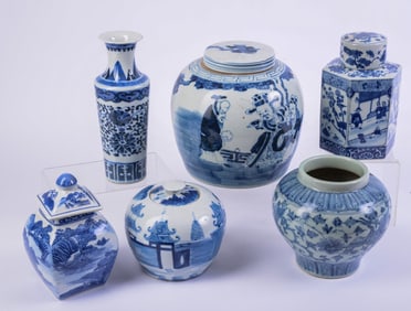 Six Chinese Blue and White Covered Jars and Vases.