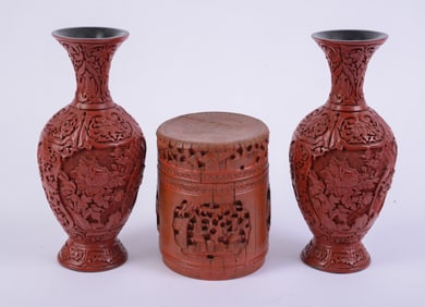Pair of Chinese Cinnabar Vases and a Canister.