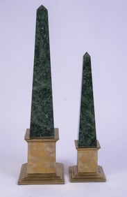 Two Hollywood REgency Green Marble Obelisks.