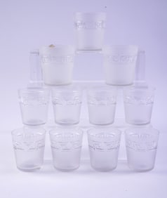 Ten Frosted Greek Key Design Glasses.
