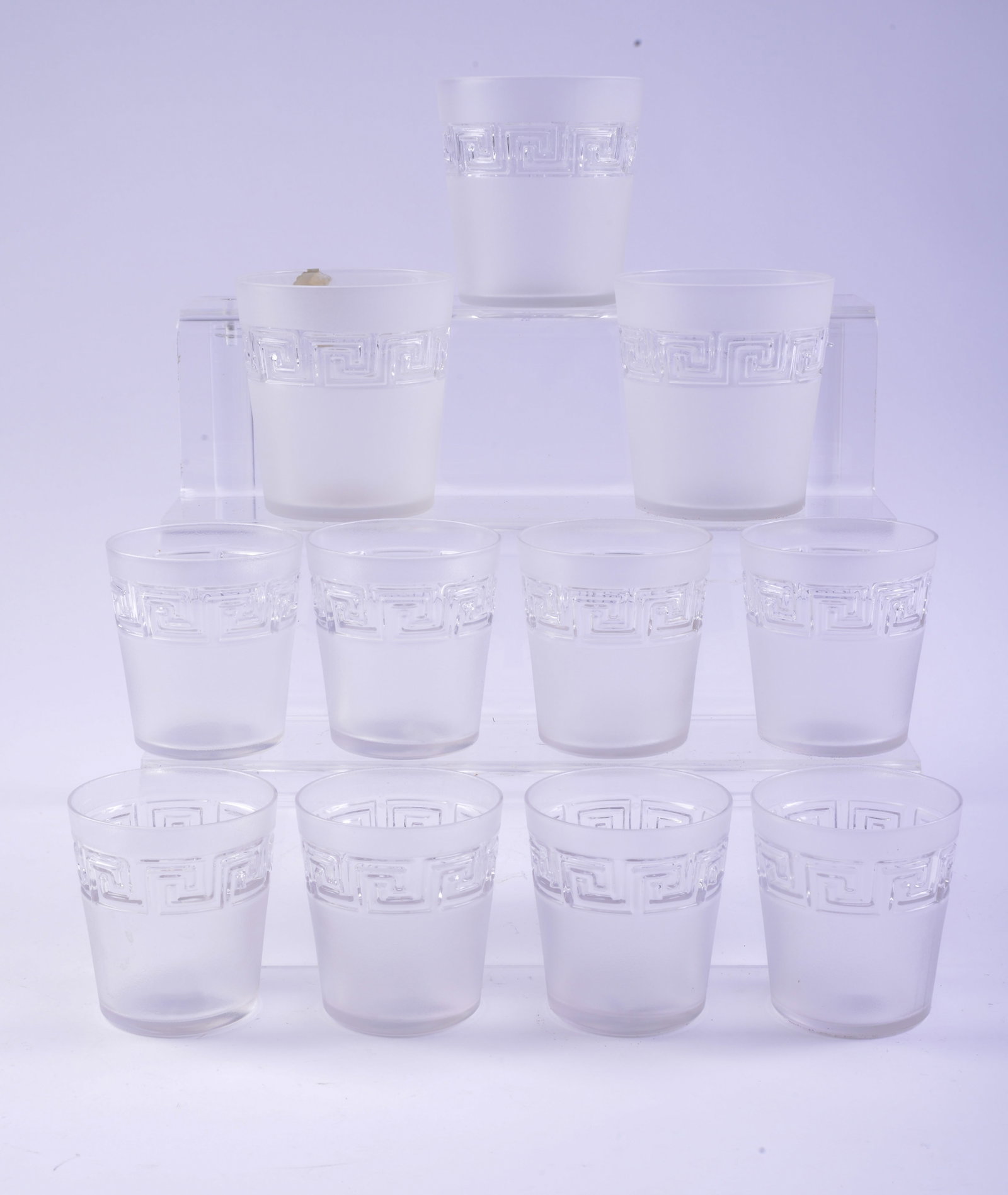 Ten Frosted Greek Key Design Glasses.: Heights 3.75 and 3.25 inches. A few small chips.