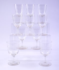 Ten Etched Glass Greek Key Design Goblets.