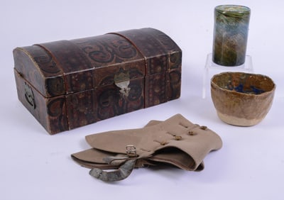 Paper Mache Box, Glass Tumbler, Porcelain Bowl, and Wool Spats.