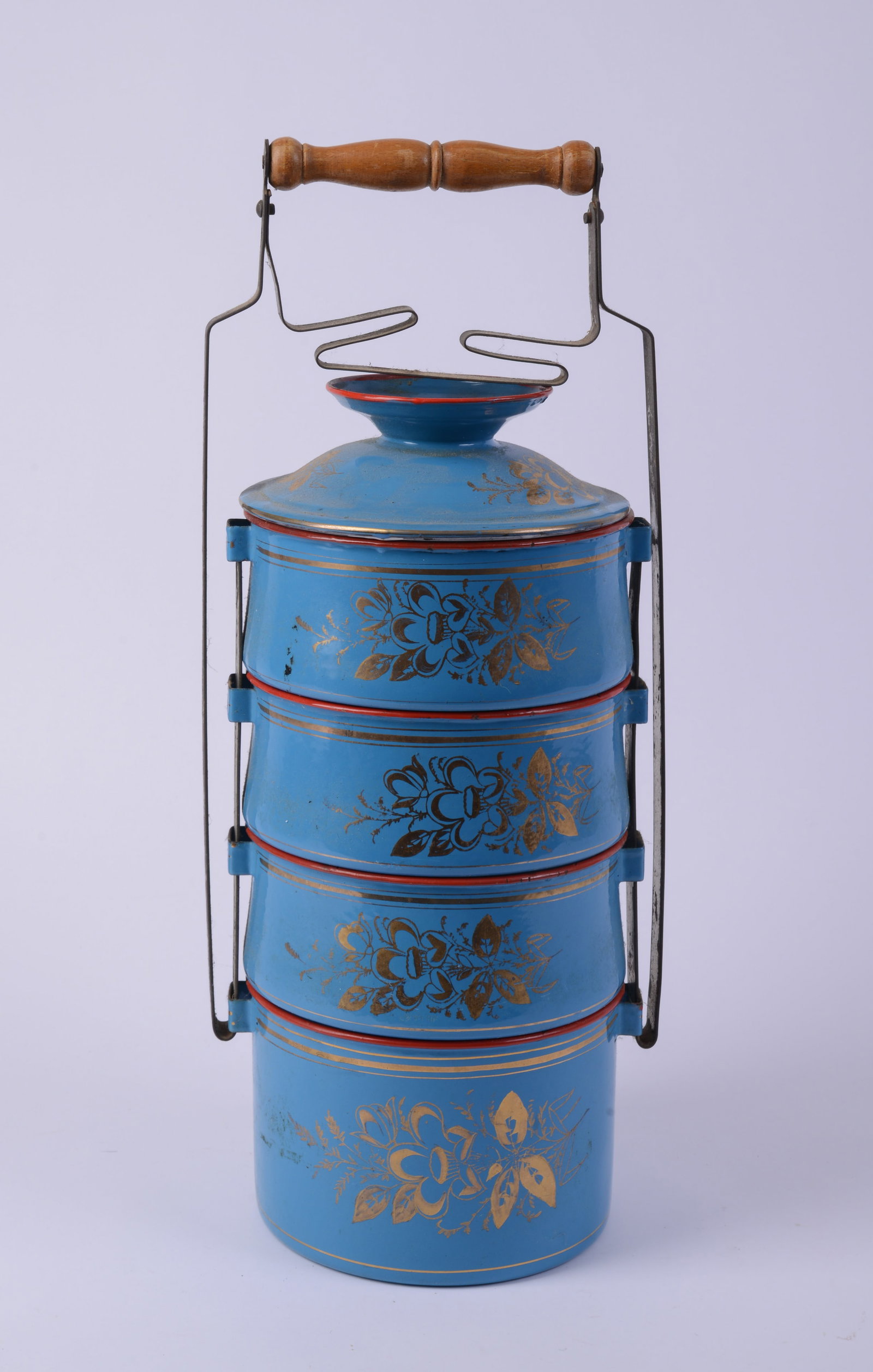 Blue Enamel Stacking Food Canister.: Height 19 inches.