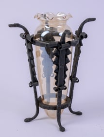 Glass Vase With Wrought Iron Stand.