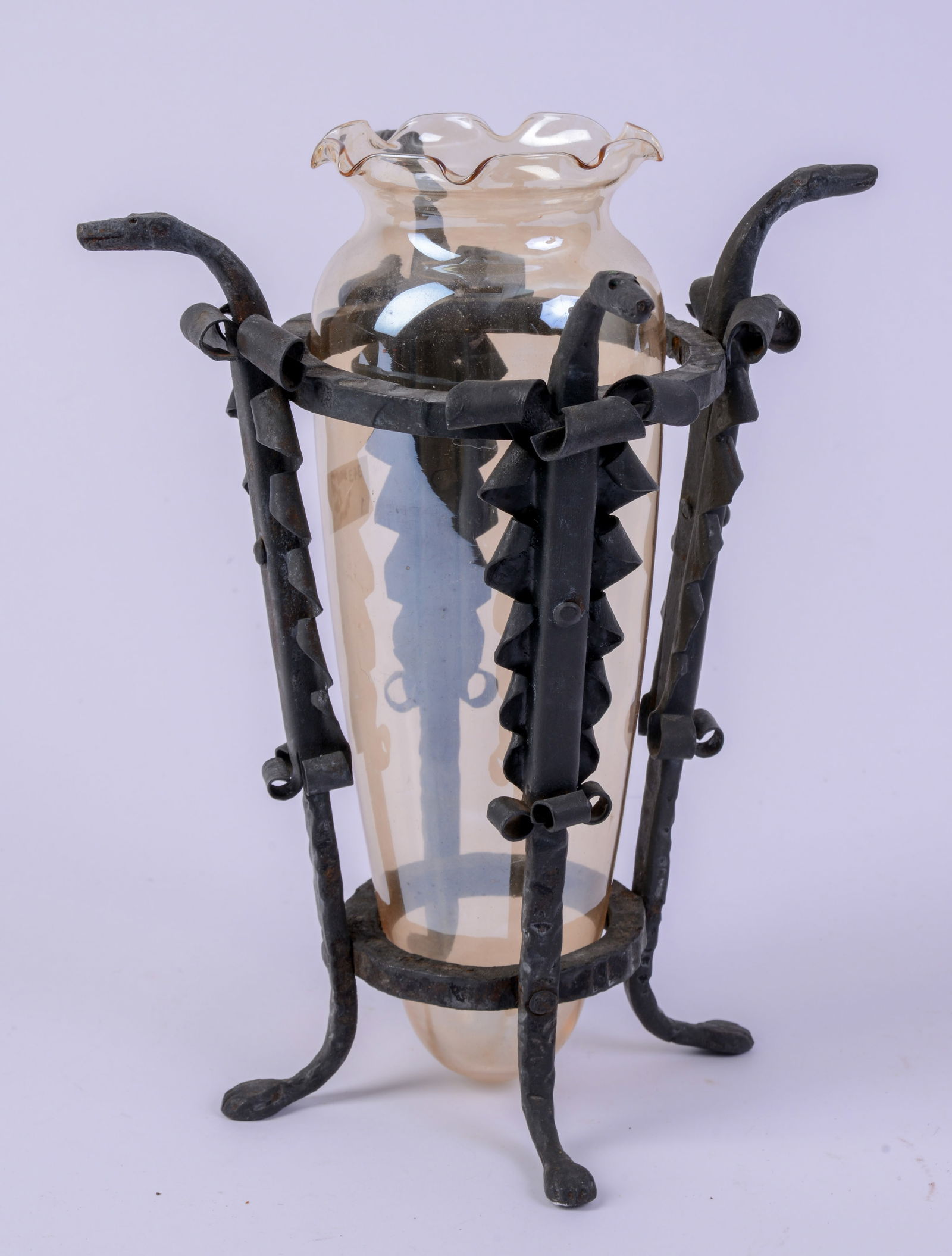 Glass Vase With Wrought Iron Stand.: Height 10 inches.