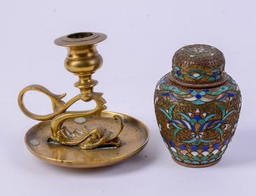 Brass Candlestick and Champleve Covered Jar.
