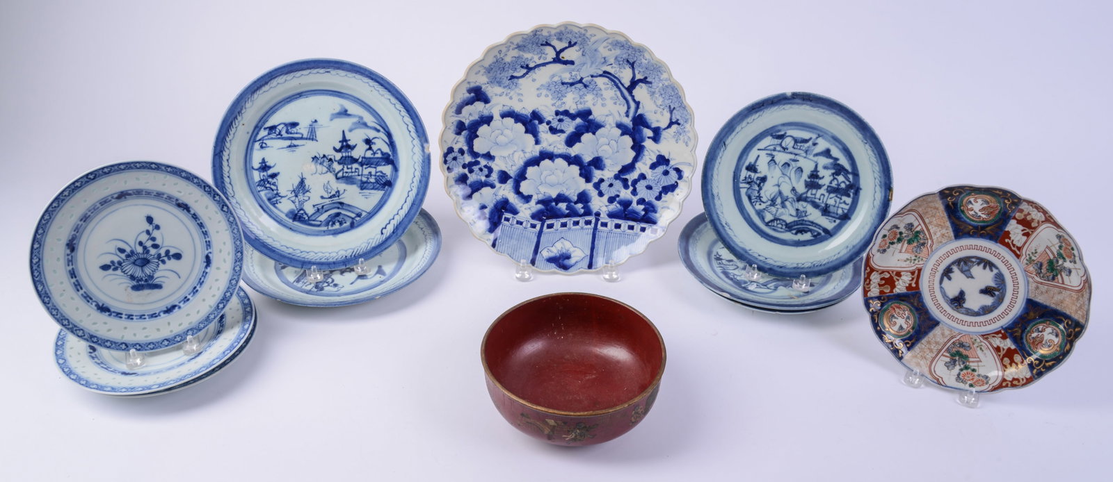 Ten Chinese Porcelain Plates and Red Lacquer Bowl.: Diameters 8 to 12 inches. Some chips and cracks.