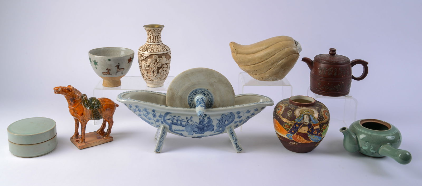 Ten Asian Decorative Items.: Celadon covered box, diameter 4 inches, and others. Some small chips.