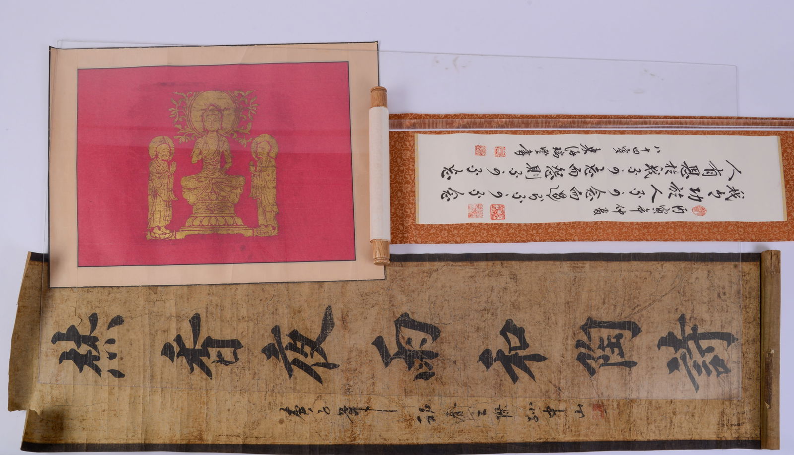 Two Chinese Scrolls and a Hong Kong Tomb Rubbing.: Tomb rubbing 17 x 23 inches.