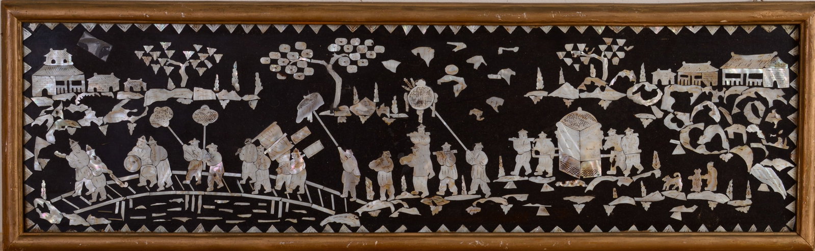 Chinese Mother of Pearl Inlaid Panel.: 11 x 35 inches. Some minor losses.