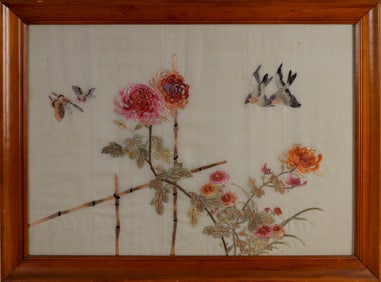 Chinese Embroidery With Birds and Butterflies.