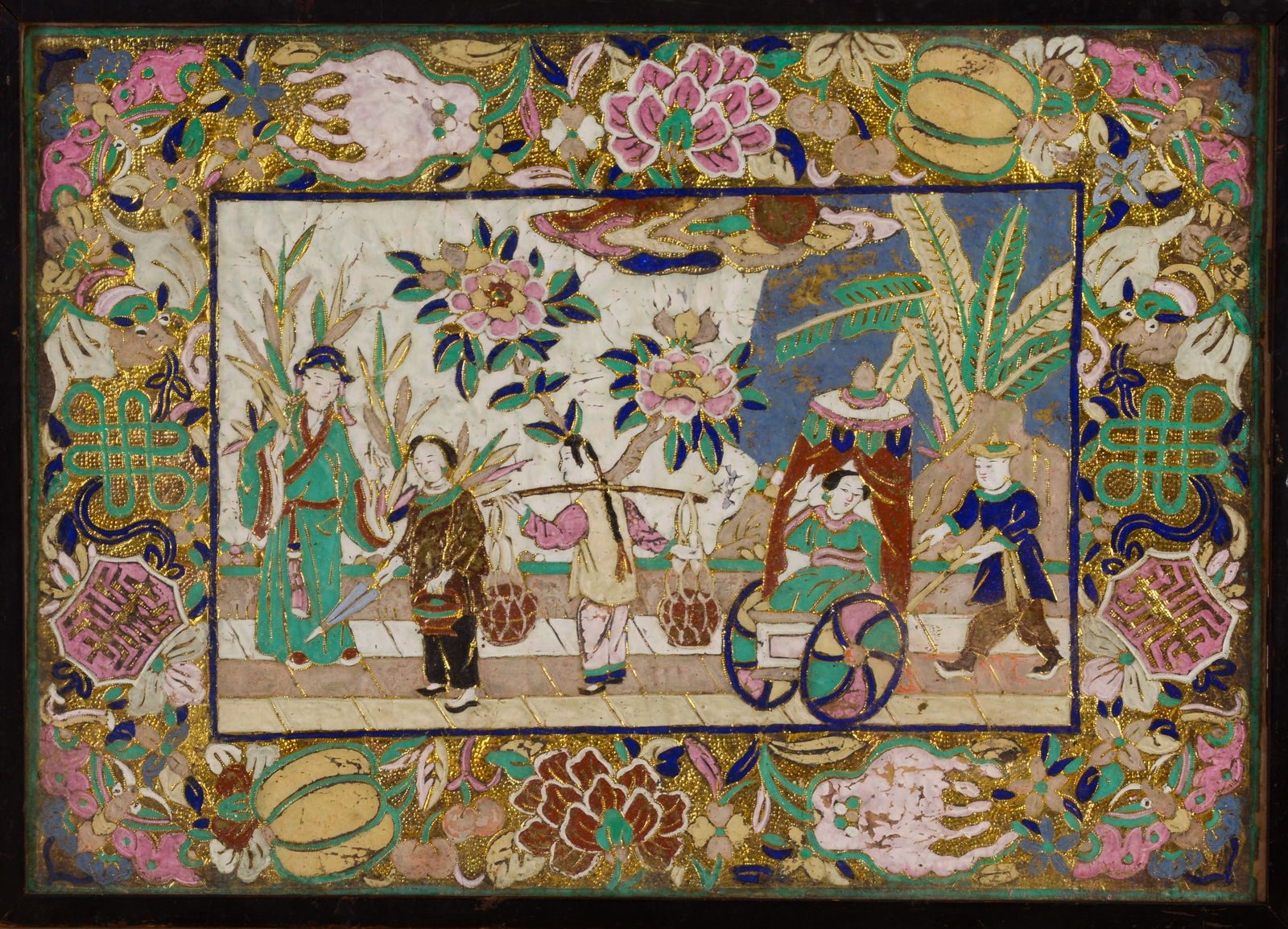 Chinese Embroidery With Rickshaw.: 11 x 15 inches. Loose in frame.
