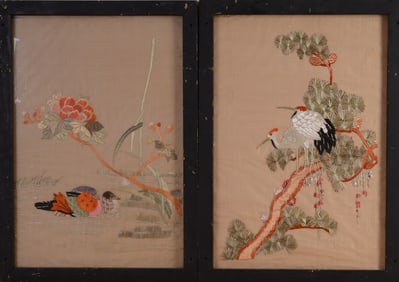 Pair of Chinese Needlepoints with Cranes.