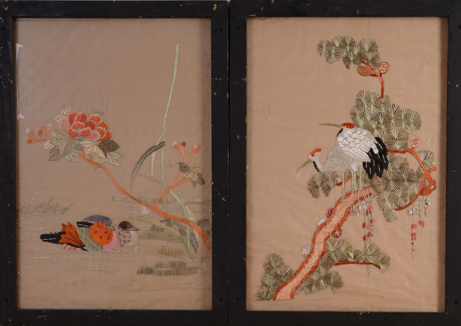 Pair of Chinese Needlepoints with Cranes.: Framed, 24 x 17 inches. One lacking glass.