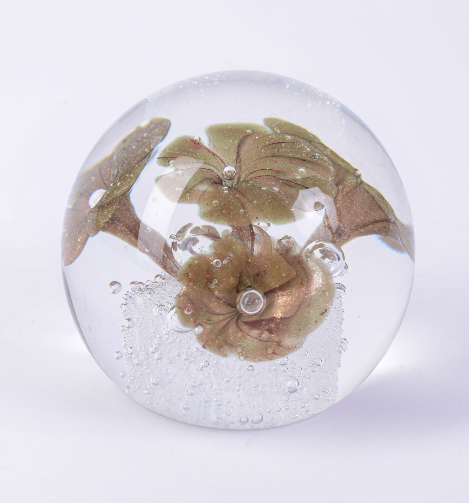 Blown Glass Paperweight With Flowers.: Diameter 3.5 inches, very good condition.