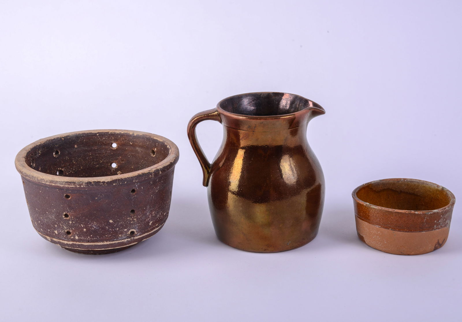 Small Redware Pitcher and Two Collanders. - 7
