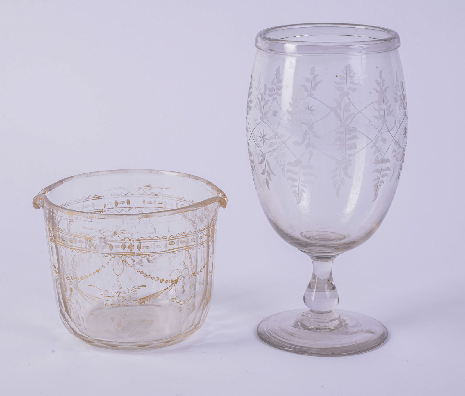 Two 19th Century Blown Glass Items.: Large chalice, height 8.5 inches, and a double sided beaker, height 4 inches. Both in very good condition.
