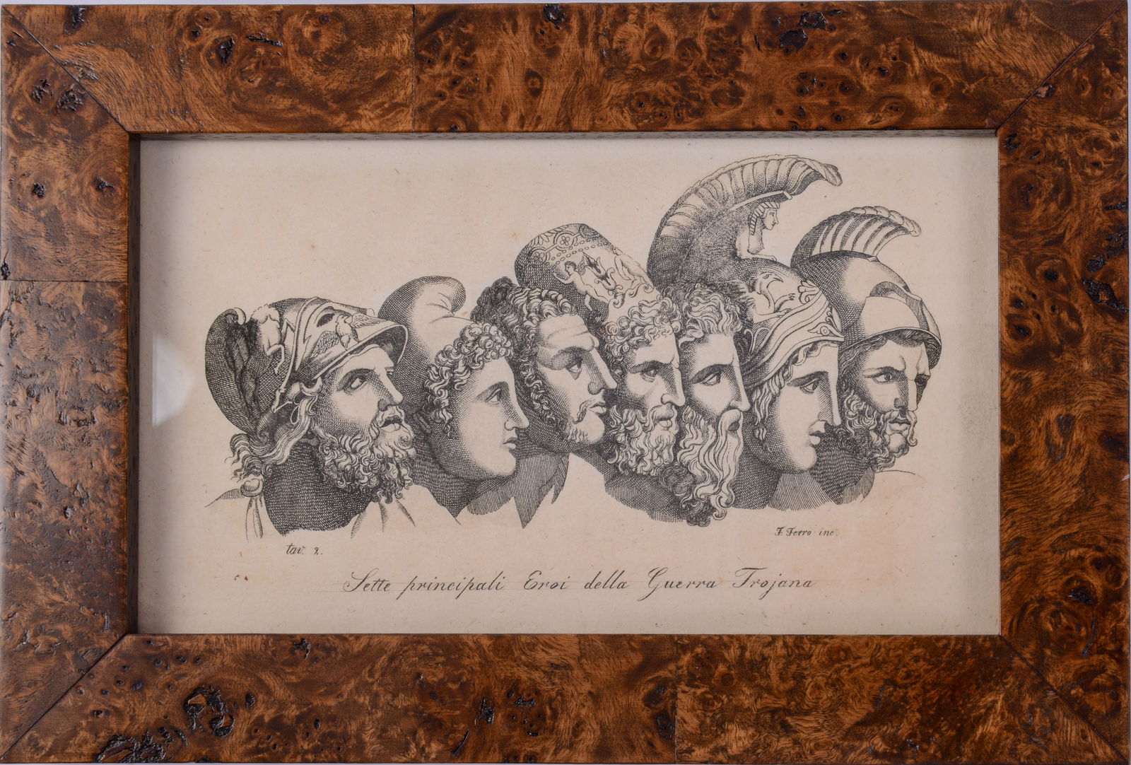 Print: Seven Main Heroes of the Trojan War.: In a burl walnut frame, rabbet 4.75 x 7.75 inches, overall 6.5 x 9.5 inches.