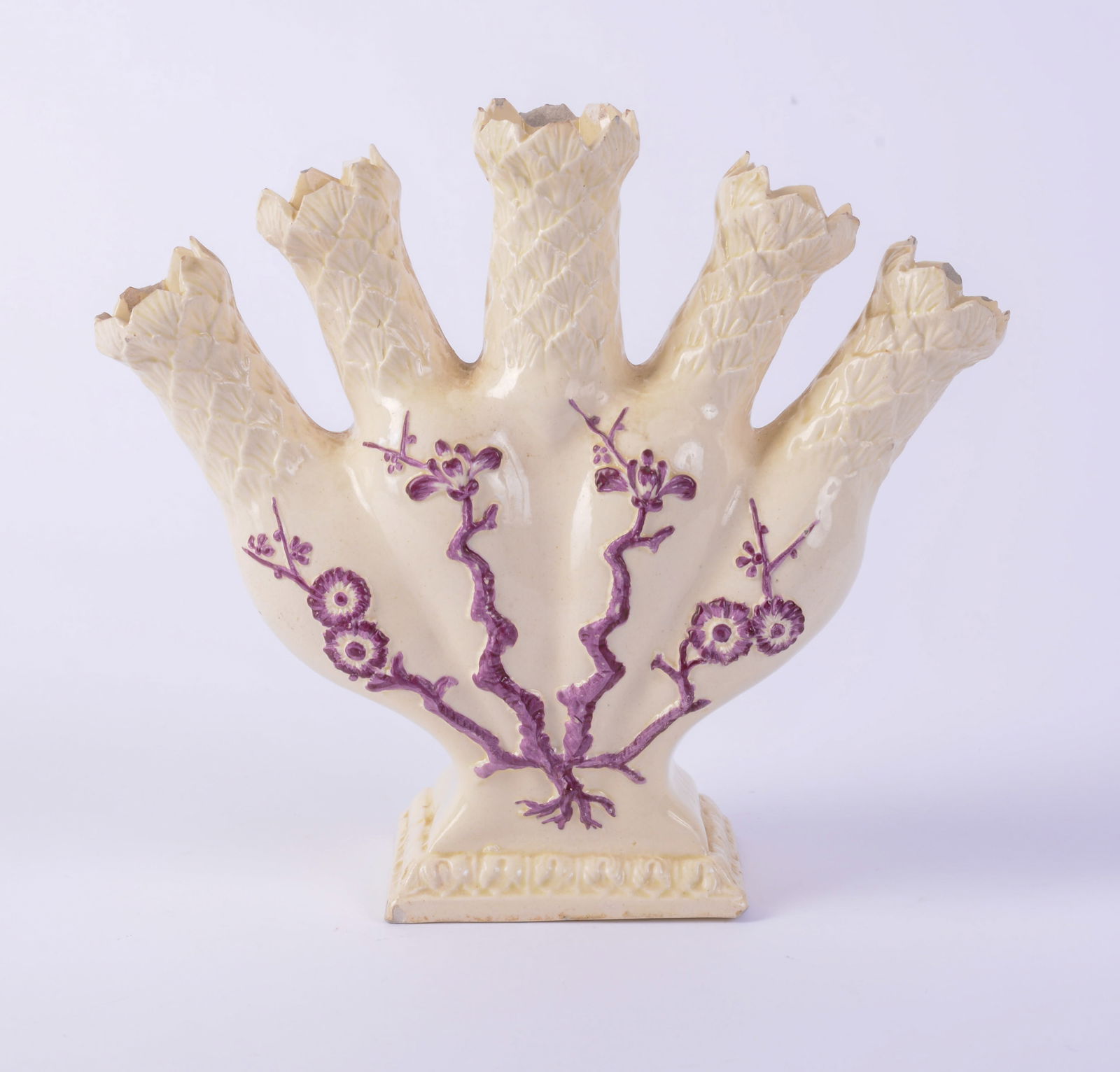Finger Vase With Purple Flowers.: Height 7.5 inches, some chips.