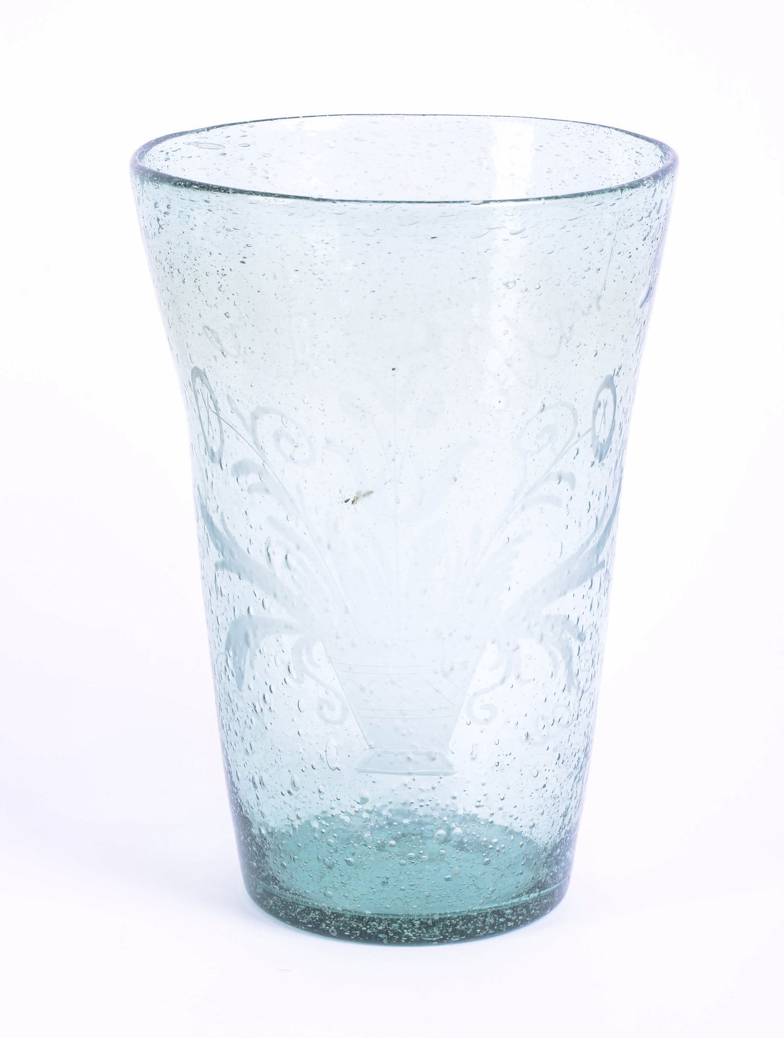 Large Blue Blown Glass Vase With Etched Design. (1 of 5)