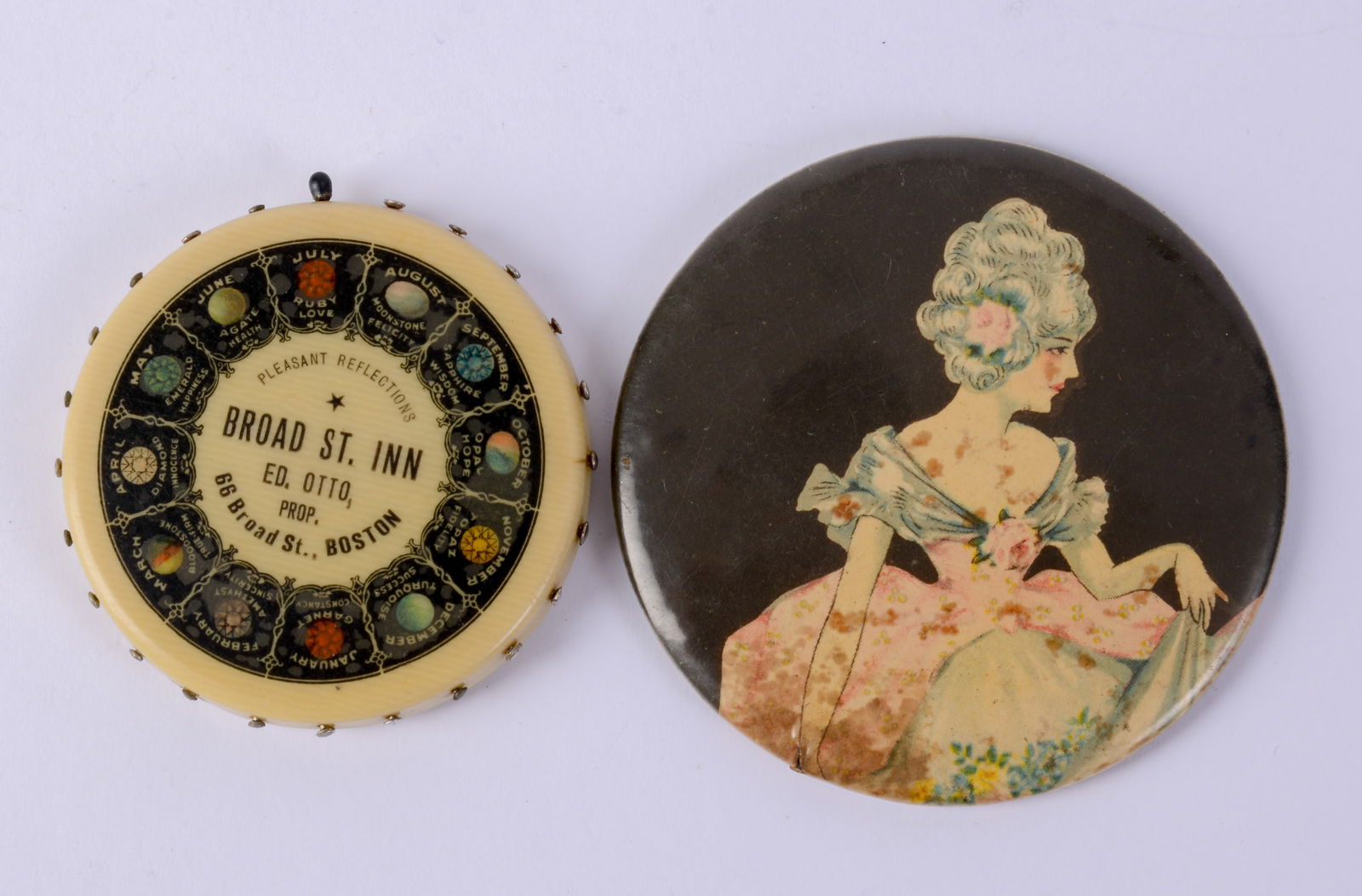 Two Vintage Compact Mirrors.: Broad St. Inn, Boston, diameter 2 inches, and one with a portrait of a woman.