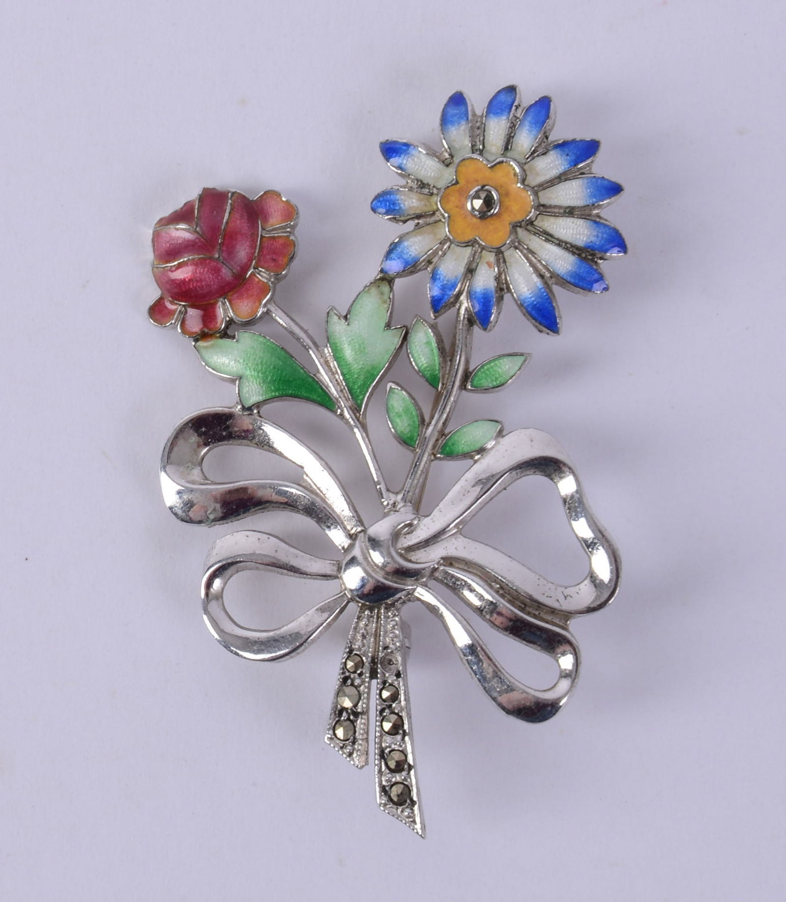 Sterling Silver, Enamel & MArasite Flower Brooch. (1 of 3)