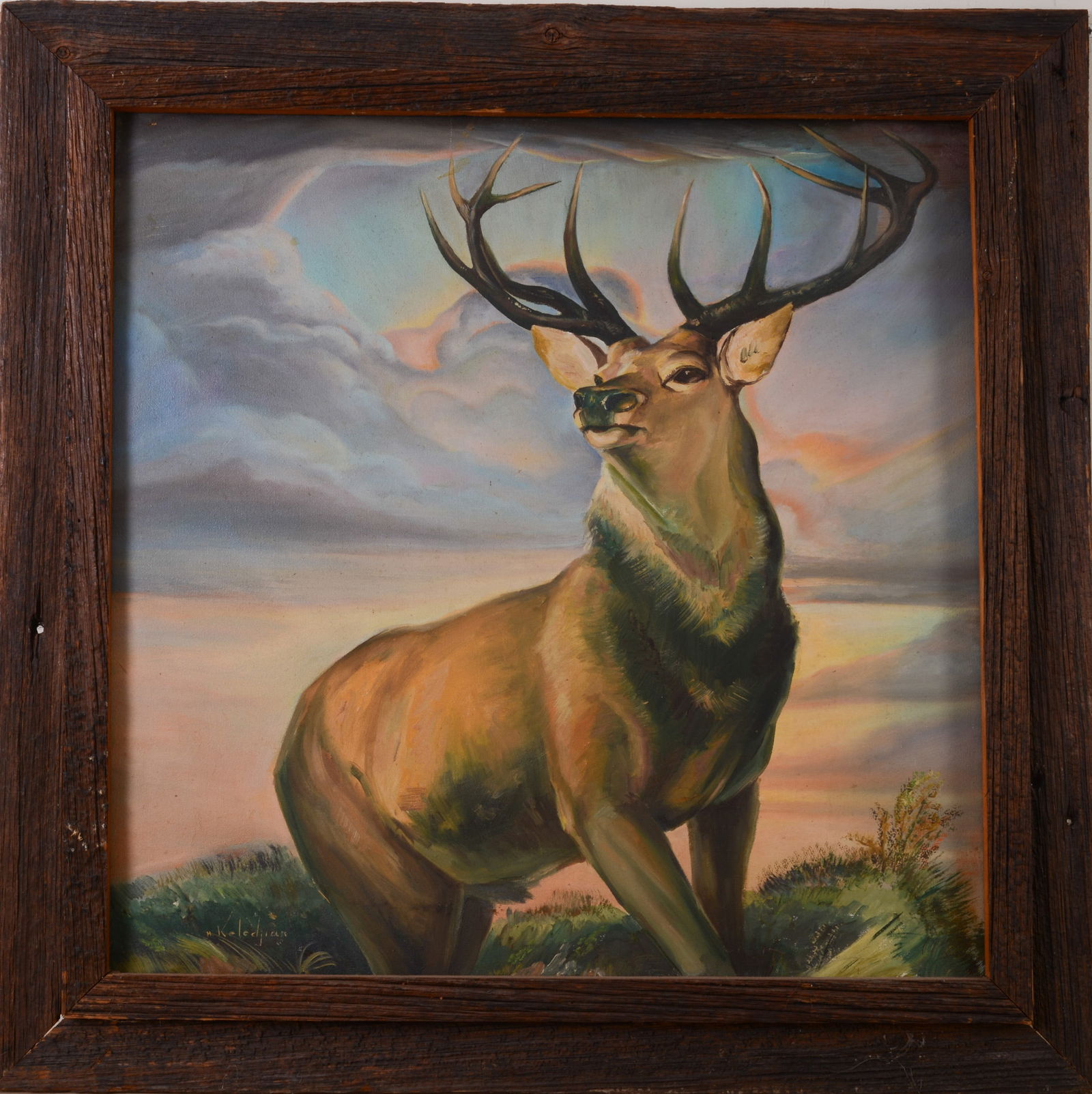 Hagop Keledjian (Armenian, b.1954). Elk.: Oil on canvas, 28 x 28 inches, signed lower left. In a barnboard frame, 35 x 35 inches.