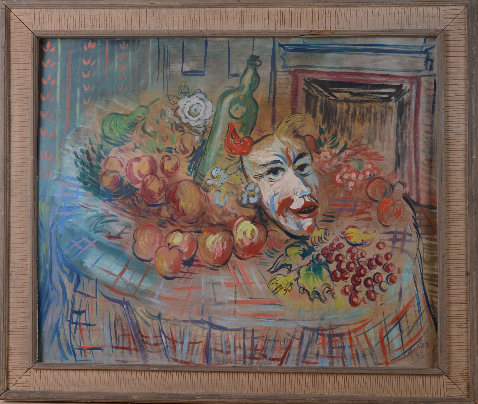 John Northey (20th Century). Still Life With Mask, 1949.: Oil on board, 28 x 34 inches, signed and dated lower right. Framed, 34 x 40 inches.