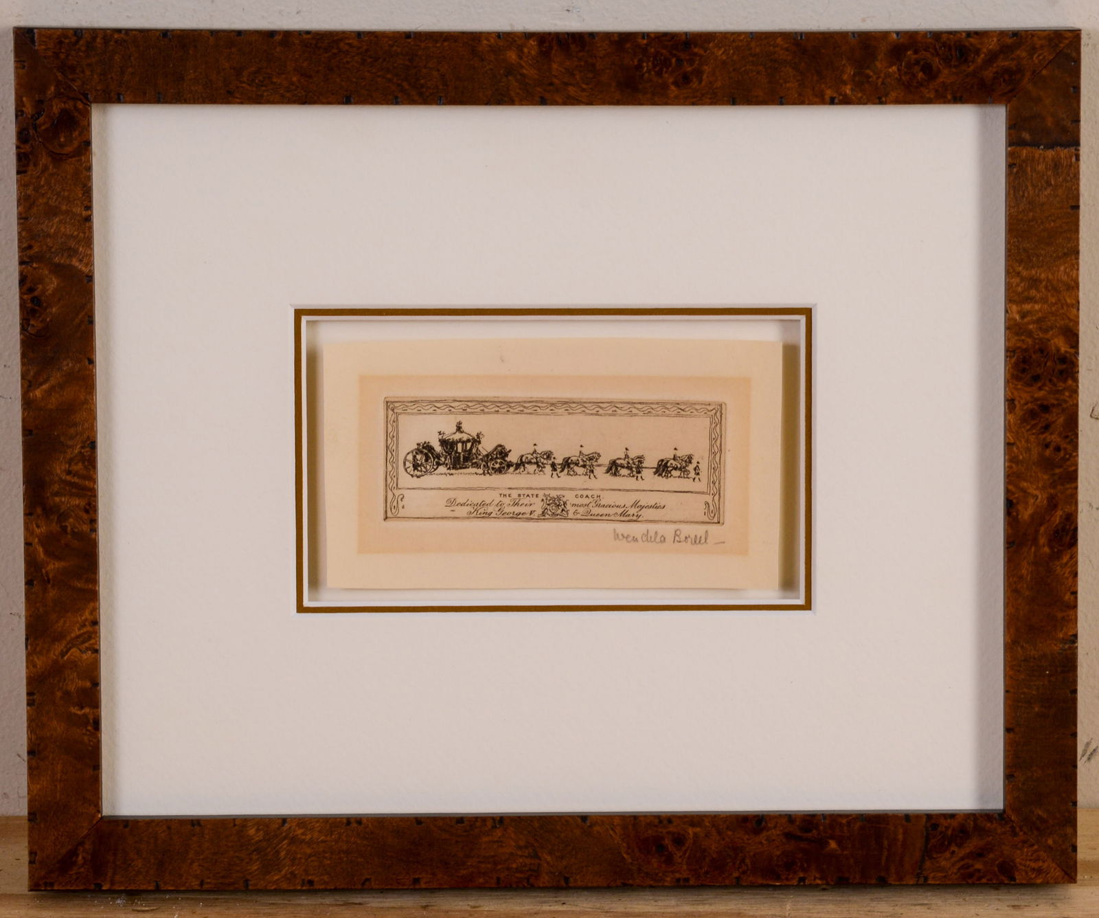 Print: The State Coach.: In a burl walnut frame, 9 x 11 inches.