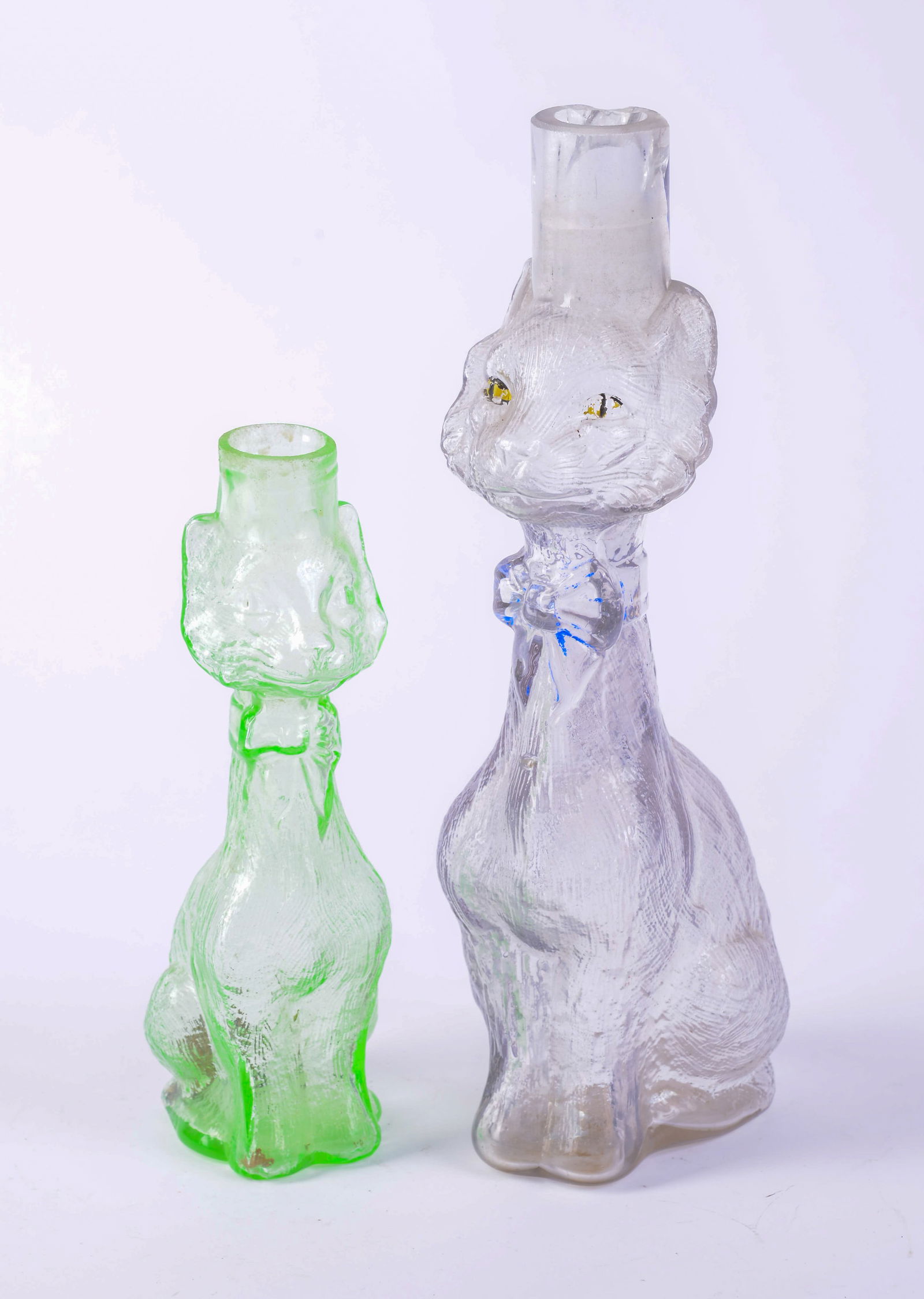 Two Glass Cat Form Jars.: Heights 8 and 11.5 inches. Larger with rim chip.