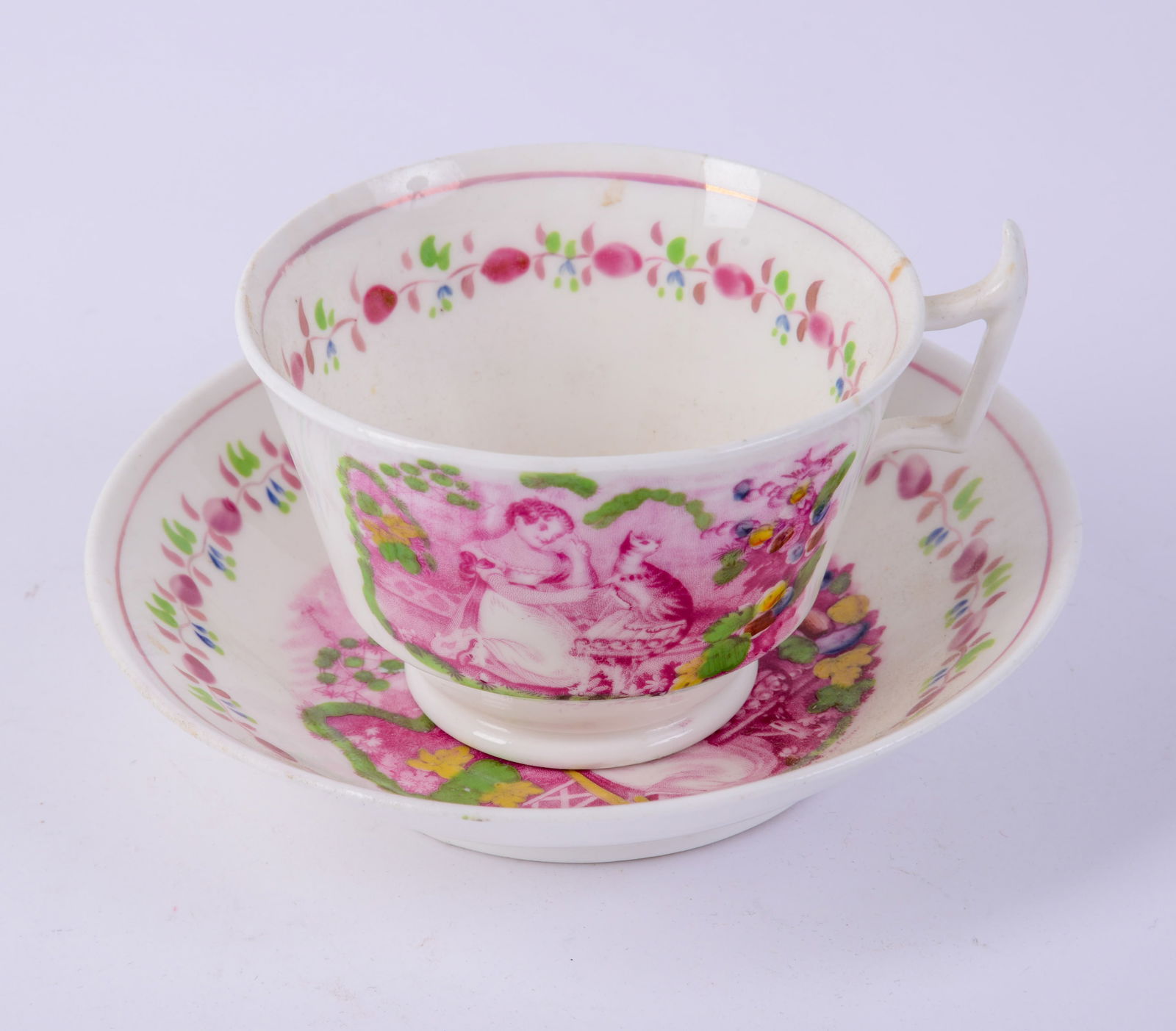 English Transferware Teacup and Saucer With Girl and Cat. (1 of 3)